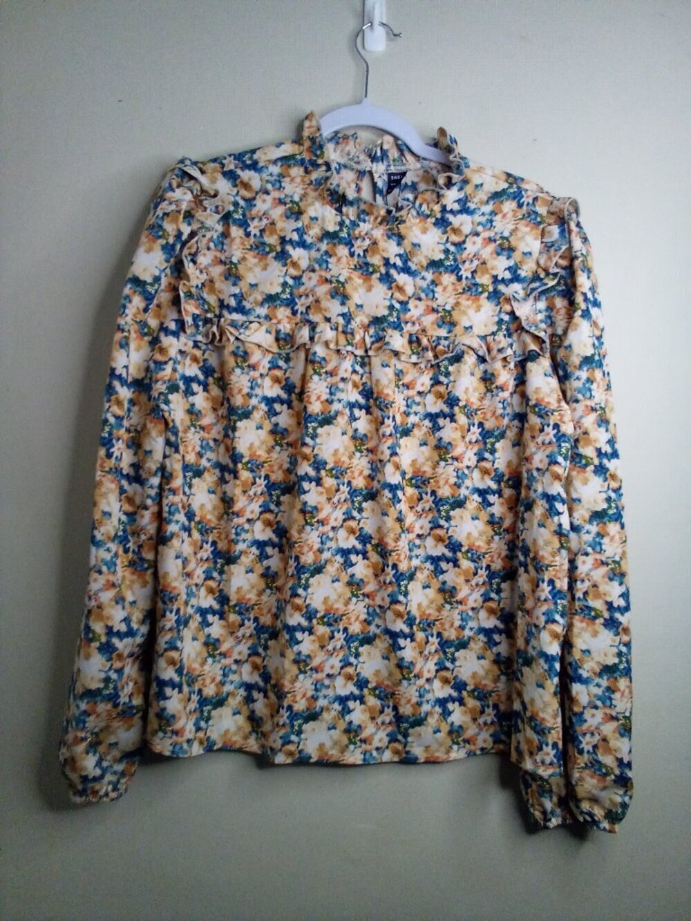 Shein Frenchy Blouse Women L Long Sleeve Ruffle Feminine Print Tan Blue
